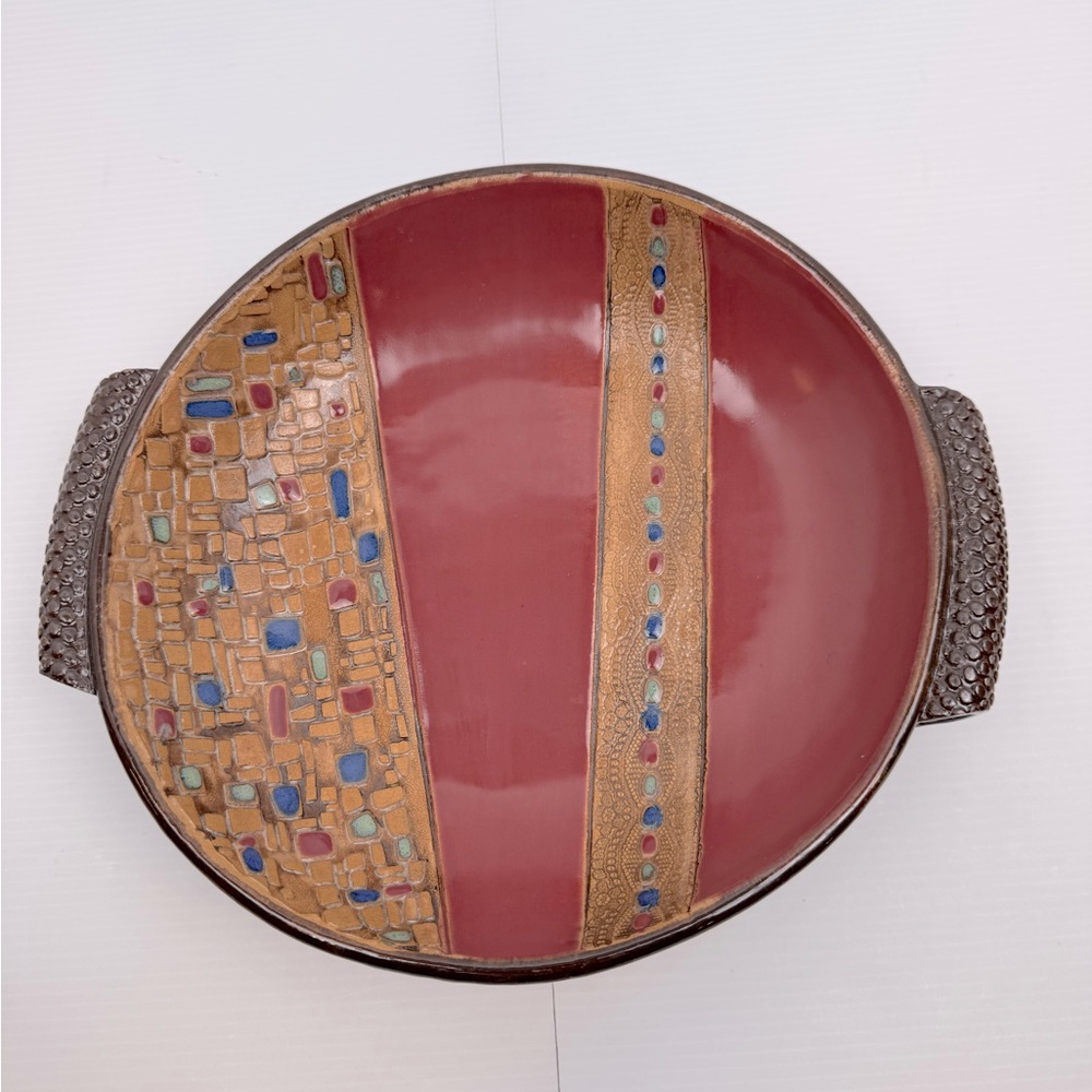 Art Pottery Hand Enameled Glazed 3D Shallow Bowl Signed Mosaic Pattern Vintage